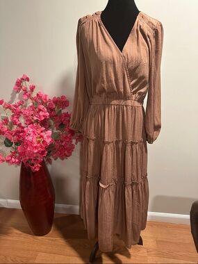 Tiered V-Neck Long Sleeve Dress in Dusty Rose